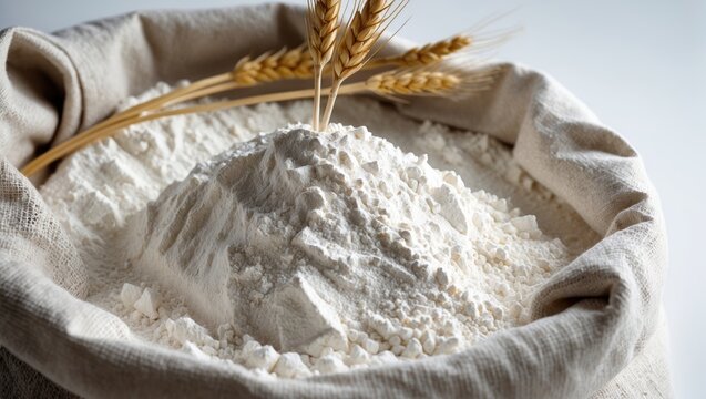 Bag of wholegrain flour alongside wheat spike on white background