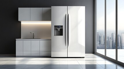 A modern refrigerator with transparent smart touchscreen door

