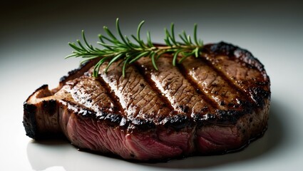 Whole grilled T-bone steak seasoned with rosemary on a plain background