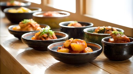 Traditional korean kimchi and side dishes in ceramic bowls seoul culinary art indoor cultural experience
