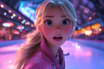 Surprised girl ice skating rink night