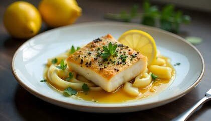 white fishand and  lemon, on a plate