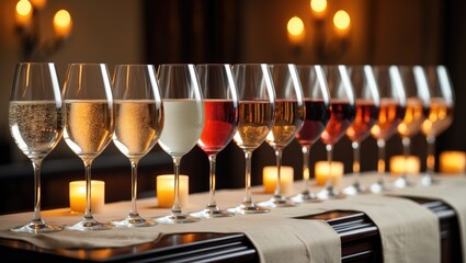 Elegant row of wine glasses during a wine tasting event at a celebration buffet.