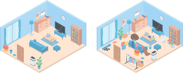 すっきりしたリビングの部屋と散らかった部屋のアイソメトリックイラスト