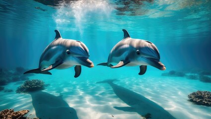 Fototapeta premium Tursiops dolphin exploring the blue island waters of Rangiroa in French Polynesia