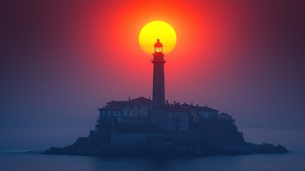 Fototapeta premium Lighthouse silhouetted against a vibrant sunset over a small island village.
