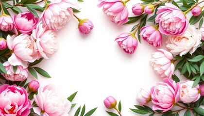 Fototapeta premium Pink and white peony blossoms form a lush border frame against a white background , white background, white peony