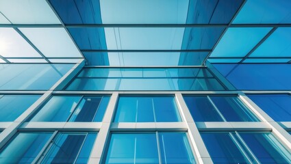 Fototapeta premium Contemporary corporate office facade featuring glass windows against a clear blue sky, urban business center or modern residential design with symmetrical minimalistic architecture