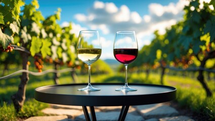 Close-up of wine glasses on a modern outdoor table amidst grapevines with a couple enjoying wine tasting