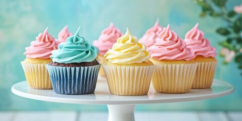 A colorful cupcakes with perfectly swirled buttercream frosting in shades of pink, blue, and yellow, arranged on a white cake stand