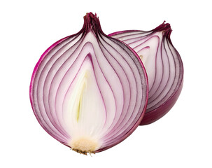 Fresh red onion sliced in half revealing vibrant rings. Perfect transparent PNG cutout for food blogs, kitchen decor, or digital recipe design projects