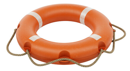 Isolated Orange Lifebuoy with White Stripes and Rope Detailing