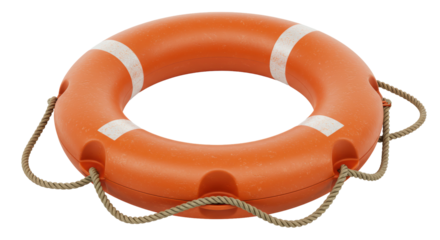 Isolated Orange Lifebuoy with White Stripes and Rope Detailing
