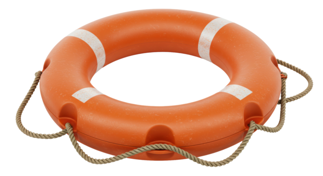 Isolated Orange Lifebuoy with White Stripes and Rope Detailing