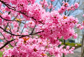 Pink cherry blossoms in full bloom at Nezahat Gökyiğit Botanical Park, Istanbul, spring , outdoor, Turkish