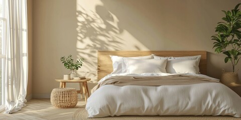 A contemporary bedroom featuring wooden side tables, linen bedding, and warm beige walls