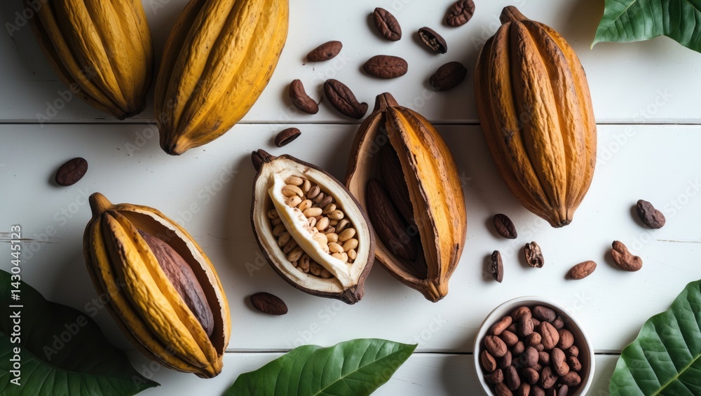 Poster close-up of ripe cocoa pods and cut cocoa fruit showing dry brown beans with green leaf on white woo
