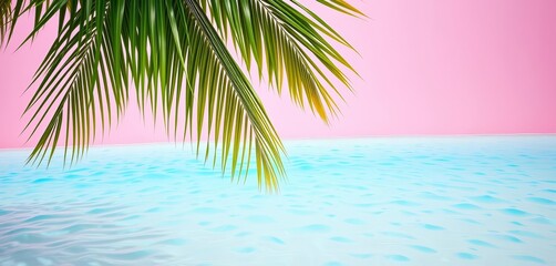 Fototapeta premium Pink wall, palm leaves, turquoise water, minimal tropical beach scene, sun, turquoise