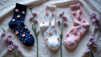 Three pairs of women&acirc;&euro;&trade;s socks featuring floral buds on a textured background, top perspective.