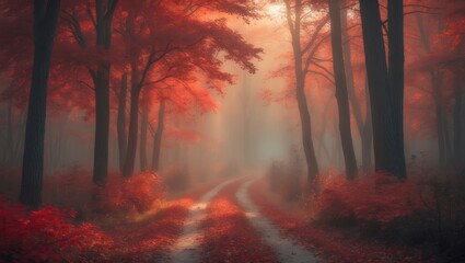 Elegant autumn colors in a misty forest landscape with sunlight filtering through trees and a carpet of fallen leaves