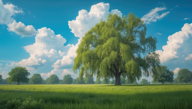 Cottonwood tree amidst a meadow under a blue sky with clouds