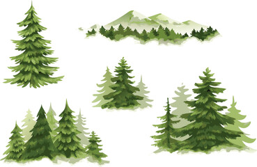 Obraz premium Watercolor painting of a misty pine forest with ethereal atmosphere and soft green hues, featuring foggy mountains