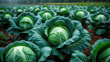 Obraz premium Wet cabbage heads in the field after rain on an overcast day