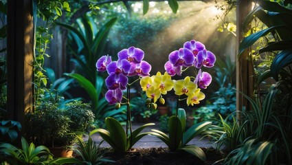Detailed view of orchids in a garden setting