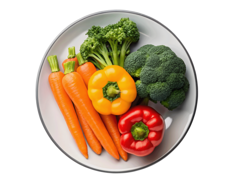 Fresh vegetables arranged on a plate isolated on white background. Transparent PNG cutout for creative artwork or design mockup