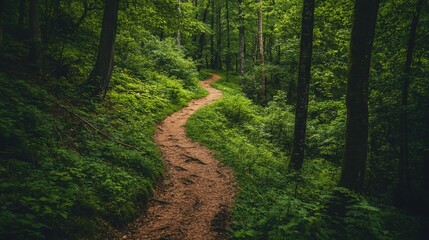 Obraz premium Winding pathway through a lush green forest, nature's inviting embrace