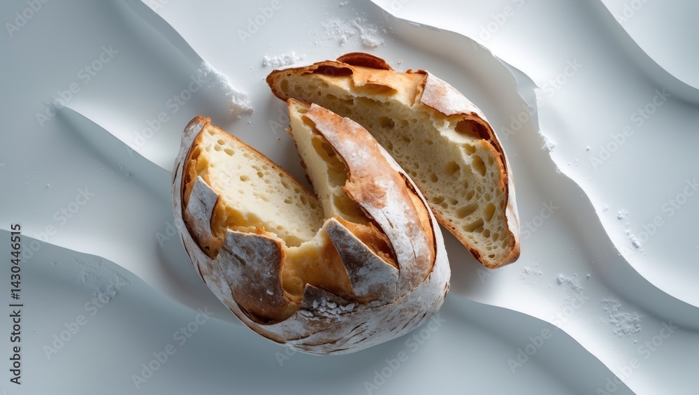 Poster close-up of a torn baguette slice on a white background