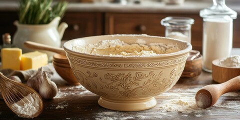 Fototapeta premium A cozy kitchen scene featuring a baker mixing cake batter in a vintage ceramic bowl, surrounded by ingredients like flour, sugar, and butter