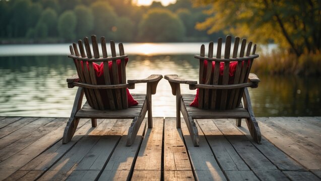 Relaxing on a wooden deck with red chairs by the lake at Harbour in Ontario