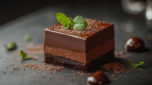 Close-up of a delicious chocolate mousse dessert with mint garnish on a dark surface.