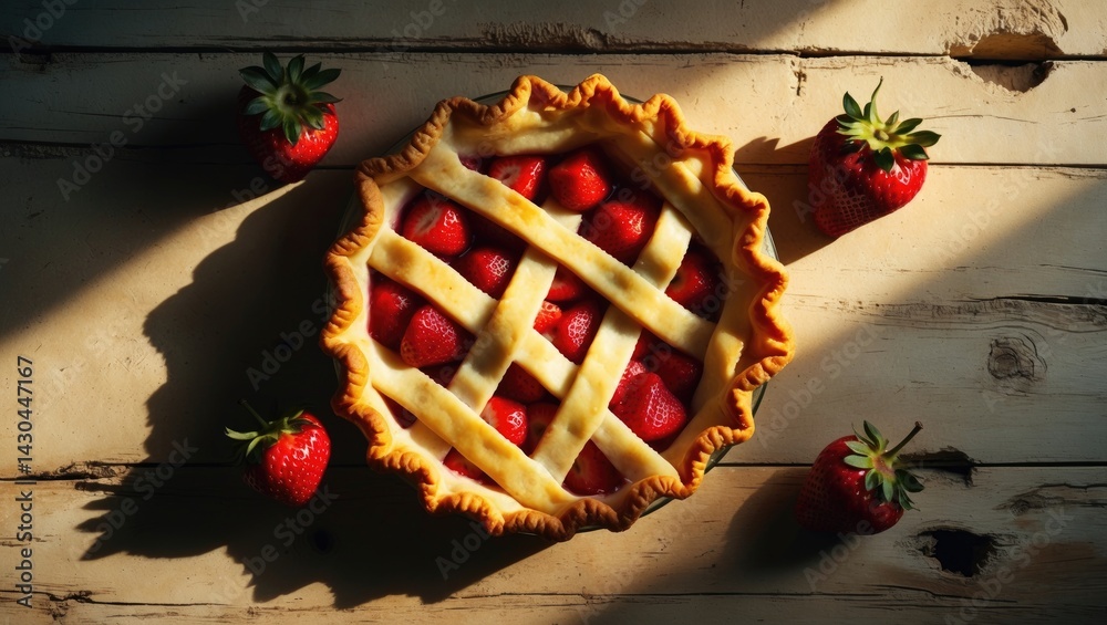 Poster delicious strawberry pie with a flaky crust on a rustic wooden table backdrop