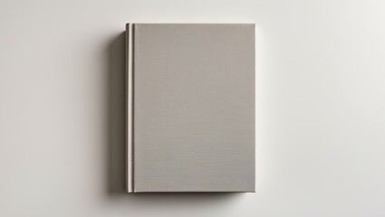Overhead shot of a blank hardcover book featuring a fabric cover in light gray, isolated on a white background.