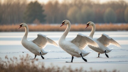 Fototapeta premium Winter scene of Whooper Swans (Cygnus cygnus) in a frozen meadow during coldest days