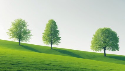 Three trees standing against the horizon in a lush landscape during springtime