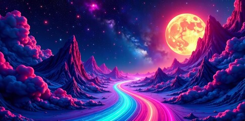 Naklejka premium Psychedelic cosmic scene with neon colors and mind-bending patterns, mind-bending, trippy