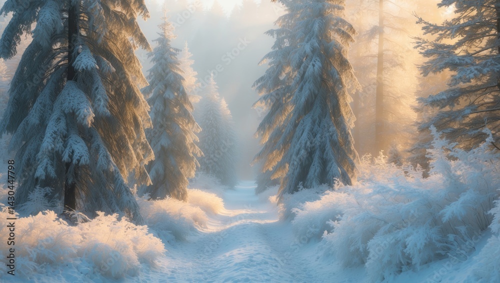 Poster Enchanting snowy scenery with frosted trees and bushes illuminated by gentle light in a peaceful winter setting