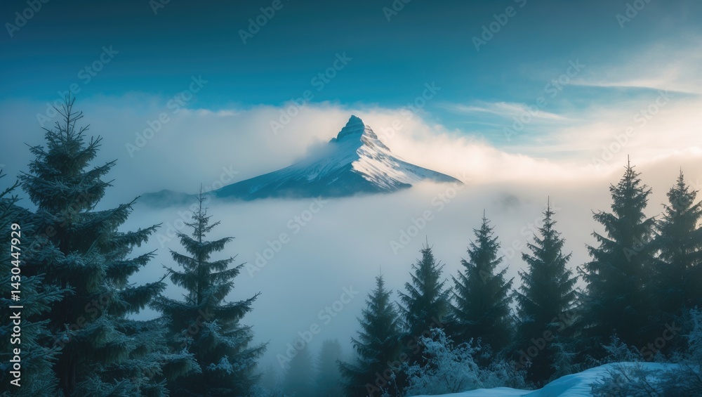 Poster majestic mountain summit and winter pine forest create a stunning panoramic view with misty fog laye