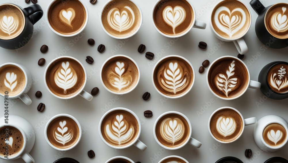 Poster close-up of latte art coffee with foam design on white background