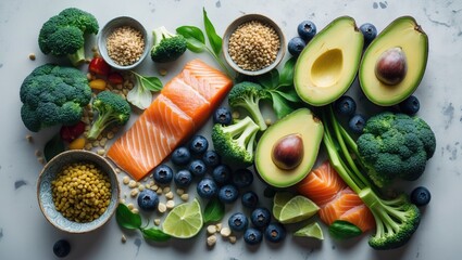 Nutritious food choices: a clean eating approach featuring fish, vegetables, fruits, legumes, and blueberries, top view