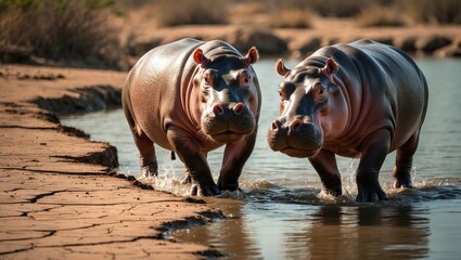 Wild hippos surfacing in a natural park habitat