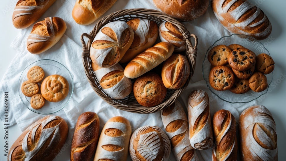 Poster variety of bread products isolated on white background with large assortment baking and clipping pat