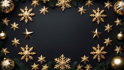 Golden snowflake, stars, and ball on black background with space for text - Sale banner poster