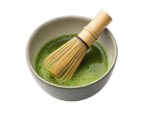 Matcha tea preparation with bamboo whisk and ceramic bowl, isolated on white transparent background for artwork mockup template