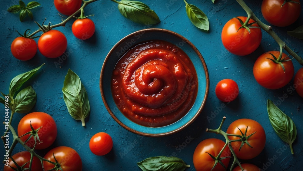 Poster tomato products including paste, sauce, and ketchup with cherry tomatoes and basil from a top view