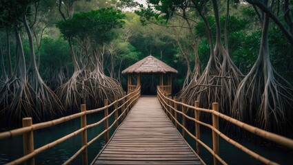 Fototapeta premium Pathway with bamboo fencing guiding to a vintage-style hut in a lush landscape