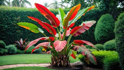 Obraz premium Close-up of a vibrant banana plant with lush leaves and colorful background